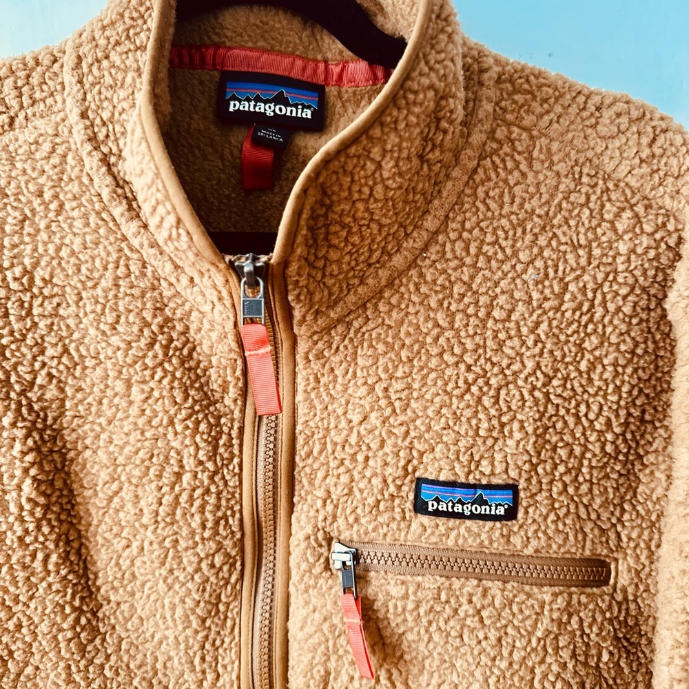 Patagonia Tan Sherpa Fleece Jacket with Coral Accents